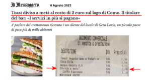 Toast diviso a metà al costo di 2 Euro sul lago di Como.